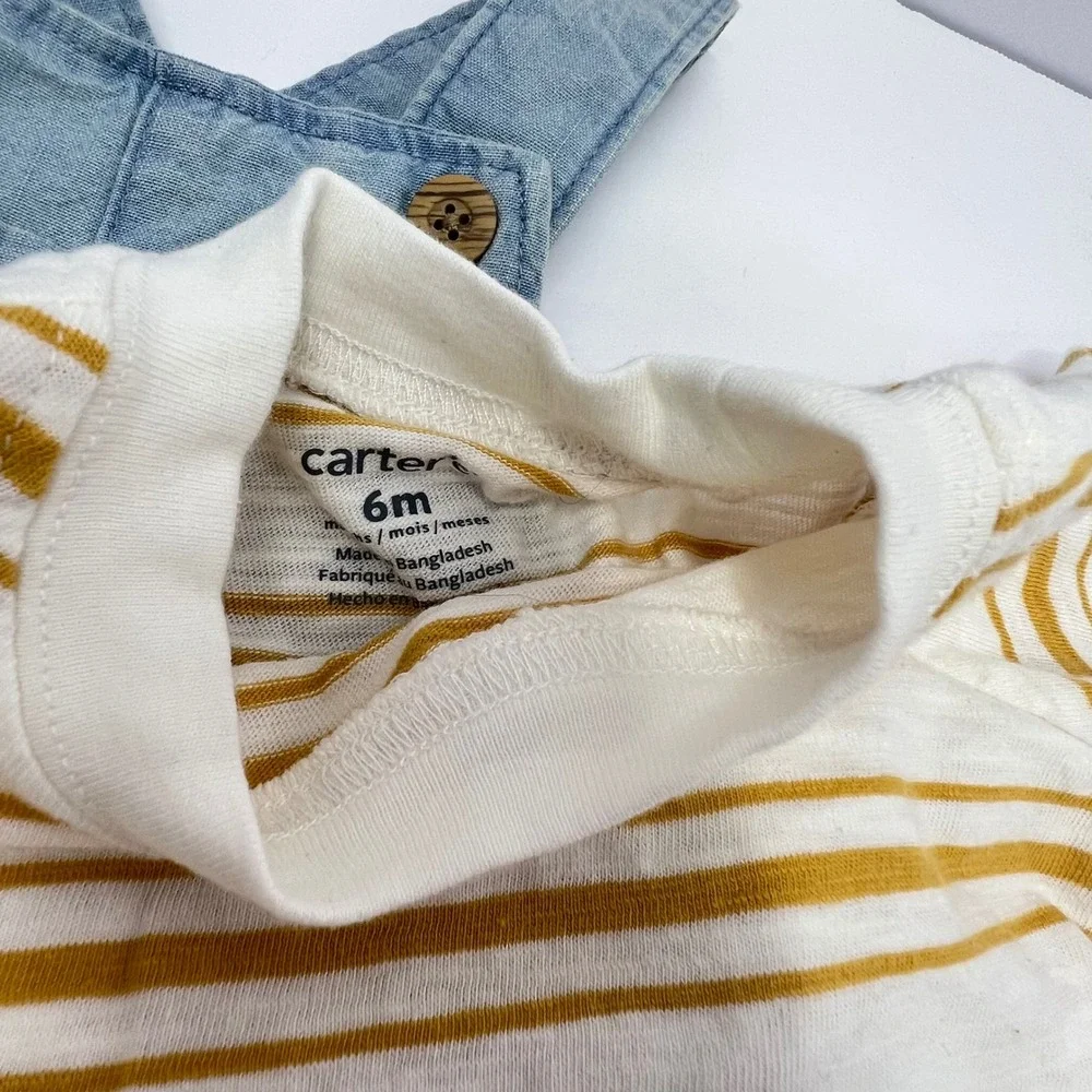 Carter's 6M Denim Overalls 2 Shirts Lot Cute Outfit Light Wash Playwear Unisex